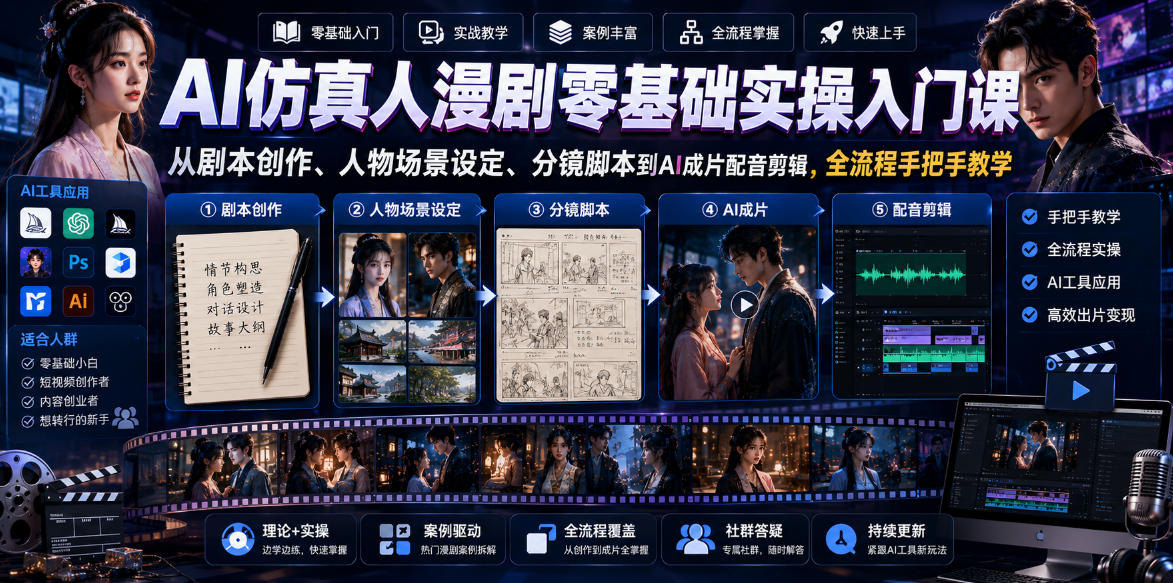 AI仿真人漫剧零基础实操入门课,从剧本创作、人物场景设定、分镜脚本到AI成片配音剪辑,全流程手把手教学-K6源码网