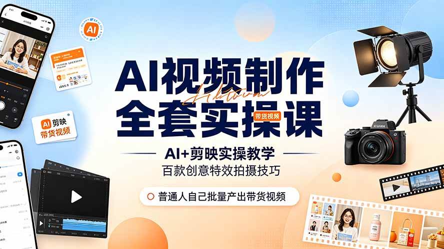 (19200期)AI视频制作全套实操课,多款AI工具搭配剪映教学,百种特效运镜拍摄实操,抖音账号带货运营全覆盖-K6源码网