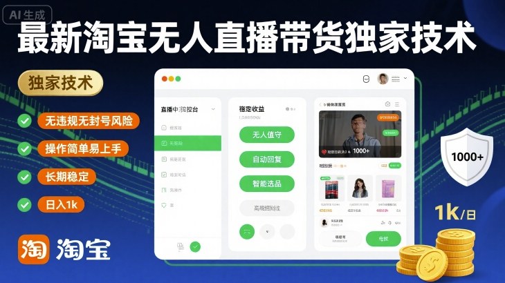 最新淘宝无人直播带货独家技术，无违规无封号风险，操作简单易上手，长期稳定日入1k【揭秘】-K6源码网