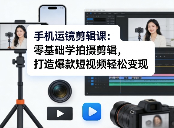 手机运镜剪辑课：零基础学拍摄剪辑，打造爆款短视频轻松变现-K6源码网