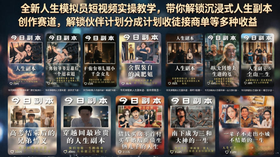 全新人生模拟员短视频实操教学，带你解锁沉浸式人生副本创作赛道，解锁伙伴计划分成计划收徒接商单等多种收益-K6源码网