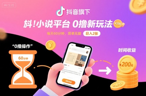 抖音旗下小说平台0撸新玩法，每天挂G60分钟，简单无脑，日入2张【揭秘】-K6源码网