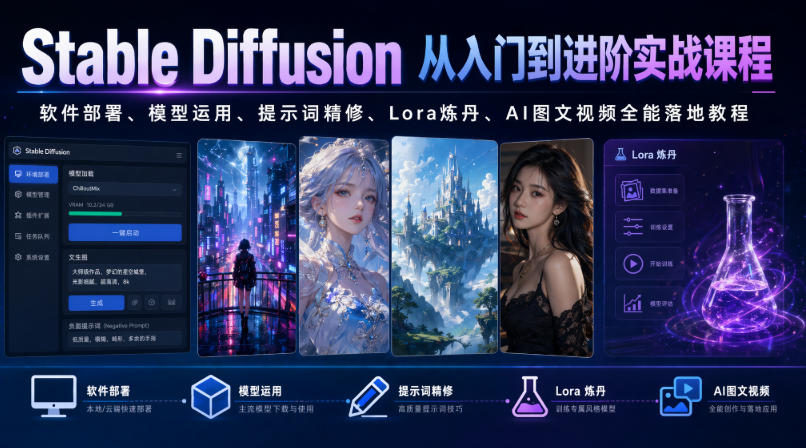Stable Diffusion从入门到进阶实战课程|软件部署、模型运用、提示词精修、Lora炼丹、AI图文视频全能落地教程-K6源码网