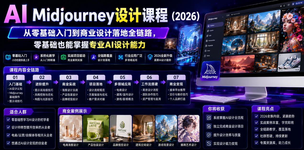 AI Midjourney设计课程(2026),从零基础入门到商业设计落地全链路,零基础也能掌握专业AI设计能力-K6源码网