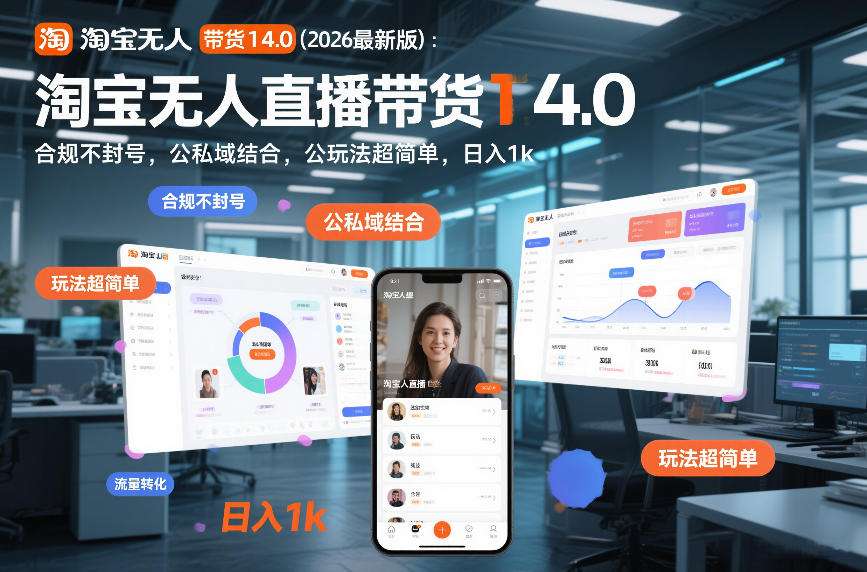 淘宝无人直播带货14.0（2026最新版）：合规不封号，公私域结合，玩法超简单，日入1k+【揭秘】-K6源码网