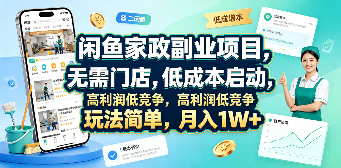 闲鱼家政副业项目，无需门店，低成本启动，高利润低竞争，玩法简单，月入1W+-K6源码网