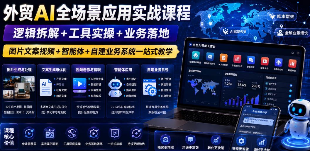 外贸AI全场景应用实战课程｜逻辑拆解+工具实操+业务落地，图片文案视频+智能体+自建业务系统一站式教学-K6源码网