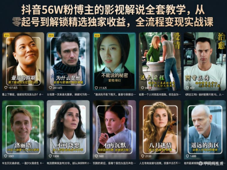 抖音56W粉博主的影视解说全套教学，从零起号到解锁精选独家收益，全流程变现实战课-K6源码网