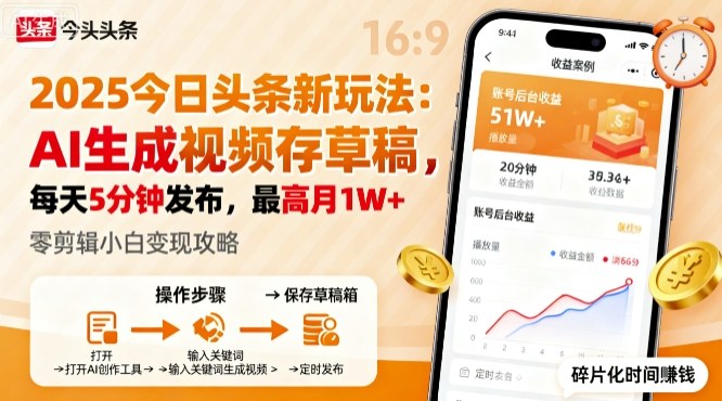 2025年今日头条躺賺新玩法,AI生成视频存草稿,每天5分钟发布,最高月1W+【揭秘】-K6源码网