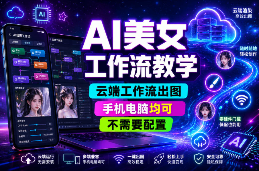 AI美女工作流教学,云端工作流出图,手机电脑均可,不需要配置,快速起号涨粉-K6源码网