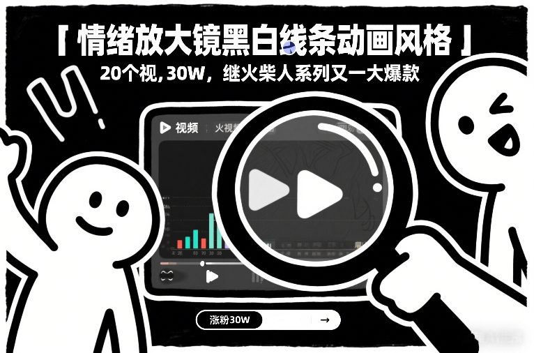 情绪放大镜黑白线条动画风格，20个视频，涨粉30W，继火柴人系列又一大爆款-K6源码网