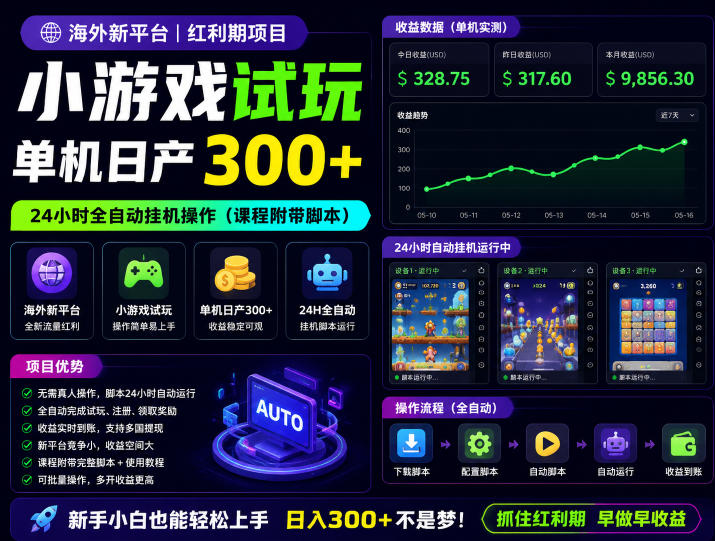 海外新平台,小游戏试玩,单机日产300+,24小时全自动挂G操作(课程附带脚本)【揭秘】-K6源码网