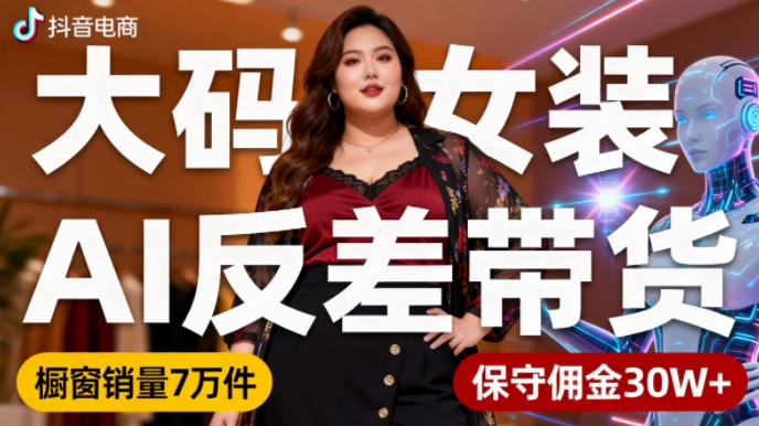抖音小众赛道，大码女装AI反差带货，不用直播，每天6条作品，橱窗卖7万件，保守佣金30W+-K6源码网
