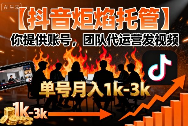【抖音炬焰托管】你提供账号,团队代运营发视频,单号月入1k+【揭秘】-K6源码网