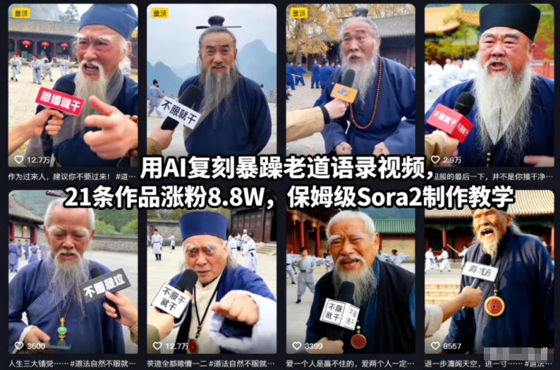 用AI复刻暴躁老道语录视频，21条作品涨粉8.8W，保姆级Sora2制作教学-K6源码网