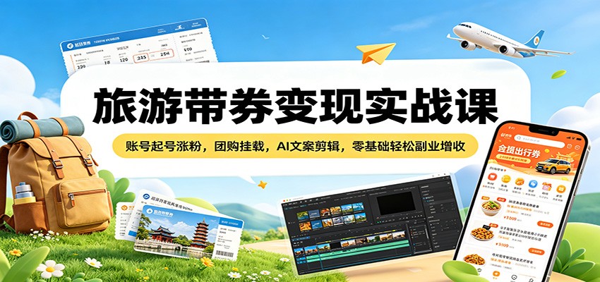 旅游带券变现实战课：账号起号涨粉，团购挂载，AI文案剪辑，零基础轻松副业增收-K6源码网