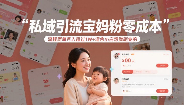 私域引流宝妈粉零成本流程简单月入超过1W+适合小白想做副业的-K6源码网
