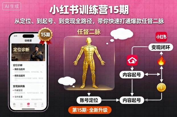 小红书训练营15期,从定位、到起号、到变现全路径,带你快速打通爆款任督二脉-K6源码网
