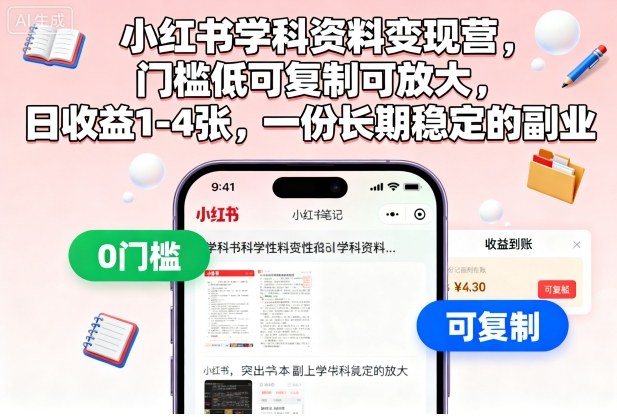 小红书学科资料变现营，门槛低可复制可放大，日收益1-4张，一份长期稳定的副业-K6源码网