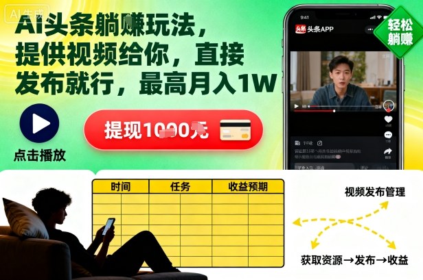 AI头条躺賺玩法,提供视频给你,直接发布就行,最高月入1W+【揭秘】-K6源码网