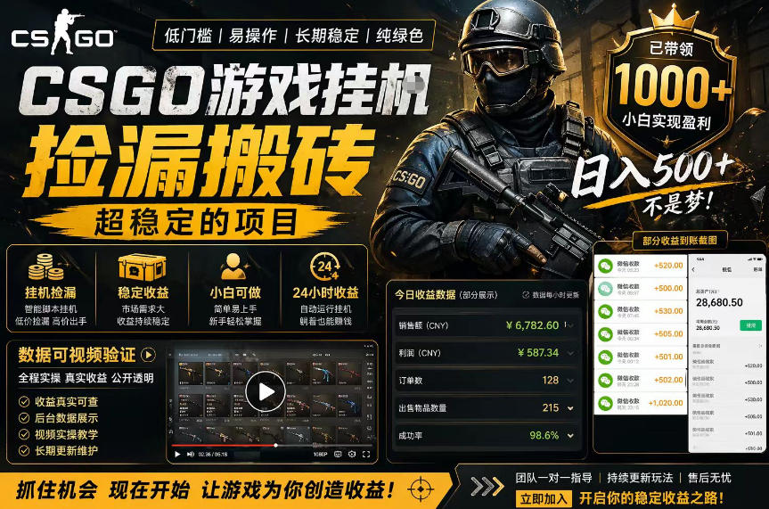 CSGO游戏搬砖，全自动挂G，不需要玩游戏，手机操作日入300+，解放双手【揭秘】-K6源码网