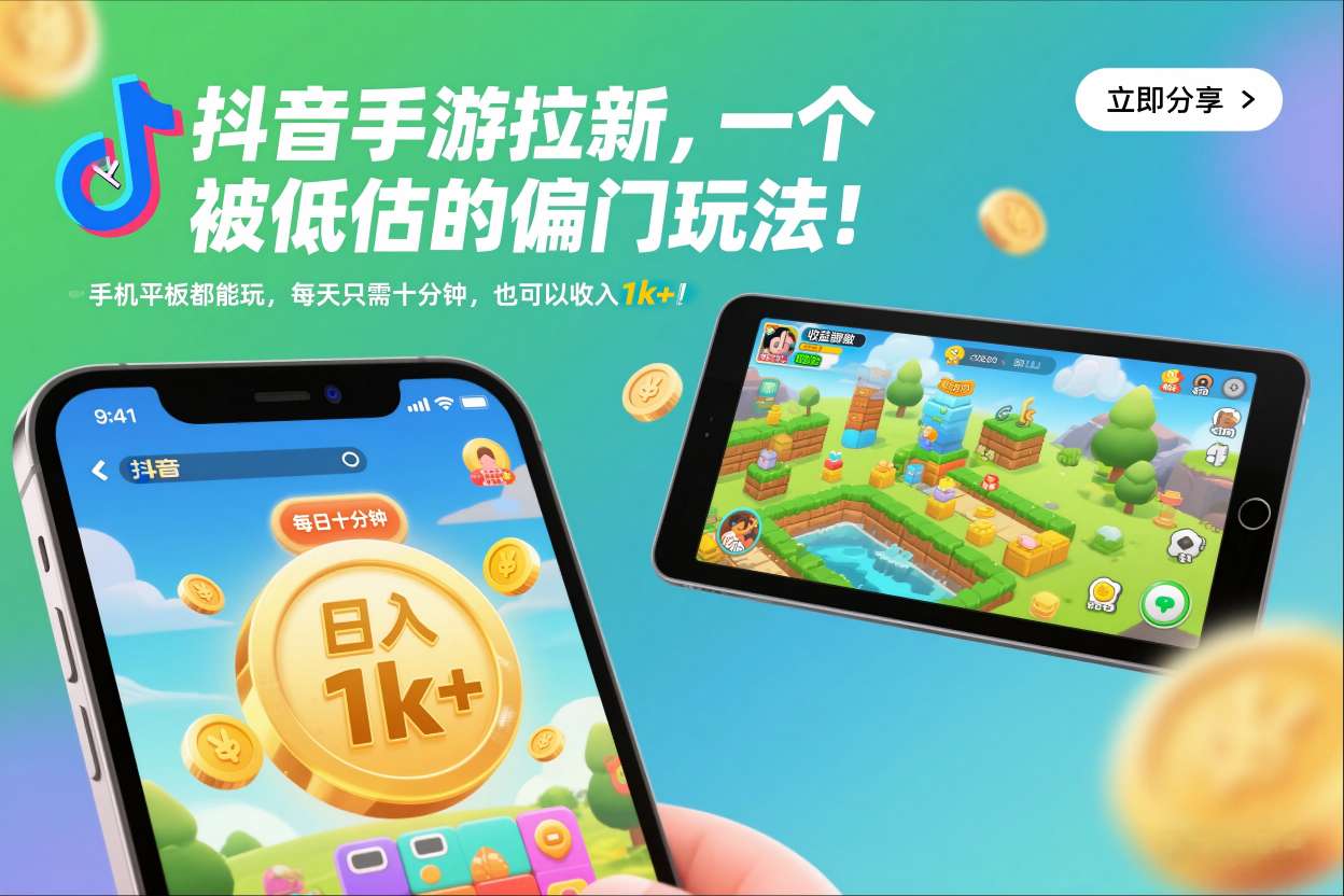 抖音手游拉新，一个被低估的偏门玩法！手机平板都能玩，每天只需十分钟，也可以收入1k+【揭秘】-K6源码网