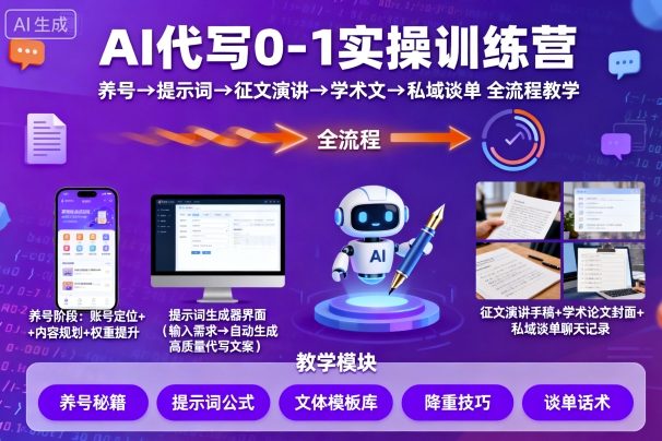 AI代写0-1实操训练营，从养号、提示词、征文演讲、学术文，到私域谈单的全流程教学-K6源码网