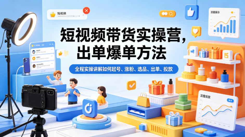 短视频带货实操营，出单爆单方法，全程实操讲解如何起号、涨粉、选品、出单、投放（更新0515）-K6源码网