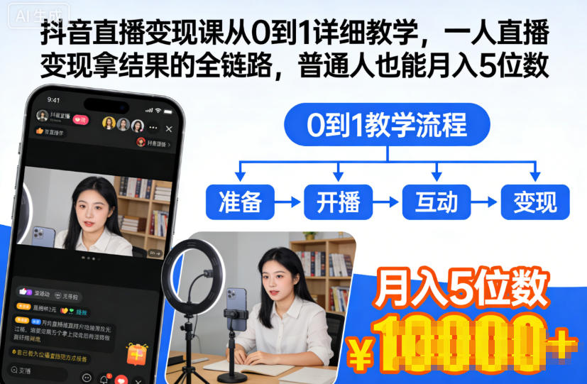 抖音直播变现课从0到1详细教学，一人直播变现拿结果的全链路，普通人也能月入5位数-K6源码网