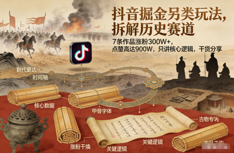 抖音掘金另类玩法，拆解历史赛道，7条作品涨粉300W+，点赞量高达900W，只讲核心逻辑，干货分享-K6源码网