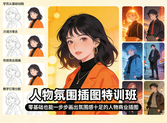 人物氛围插图特训班，零基础也能一步步画出氛围感十足的人物商业插图-K6源码网