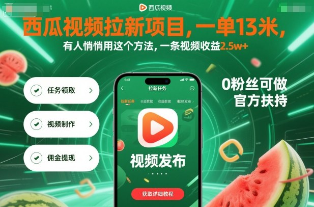 西瓜视频拉新项目,一单13米,有人悄悄用这个方法,一条视频收益2.5w+(附详细教程)-K6源码网