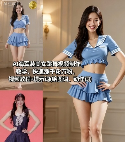 AI海军装美女跳舞视频制作教学,快速涨千粉万粉,视频教程+提示词(绘图词、动作词)-K6源码网