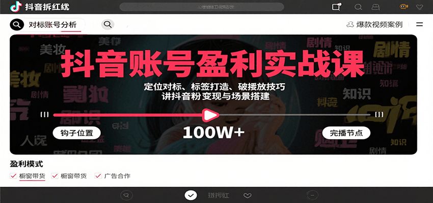 抖音账号盈利实战课，定位对标、标签打造、破播放技巧，讲涨粉变现与场景搭建-K6源码网