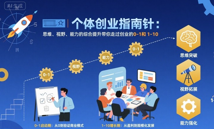 个体创业指南针,思维、视野、能力的综合提升带你走过创业的0-1和1-10【音频】-K6源码网