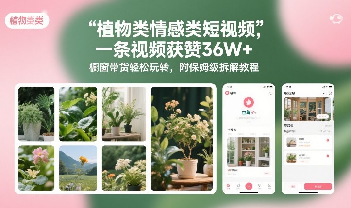植物类情感类短视频，一条视频获赞36W+，橱窗带货轻松玩转，附保姆级拆解教程-K6源码网