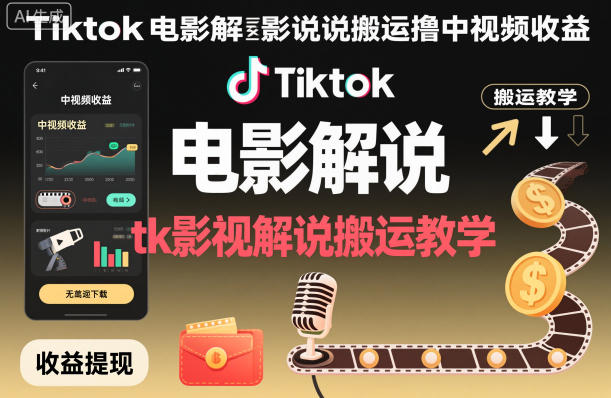 Tiktok电影解说搬运撸中视频收益，tk影视解说搬运教学-K6源码网