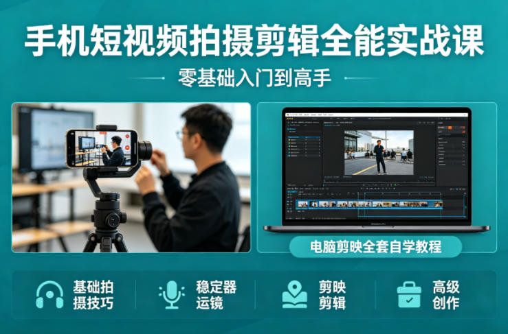 手机短视频拍摄剪辑全能实战课:零基础入门到高手,稳定器运镜+电脑剪映全套自学教程-K6源码网