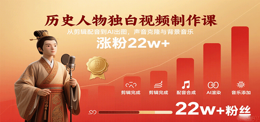 历史人物独白视频制作课,从剪辑配音到AI出图,声音克隆与背景音乐,涨粉22w+-K6源码网