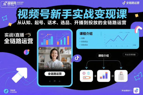 视频号新手实战变现课,从认知、起号、话术、选品、开播到投放的全链路运营-K6源码网