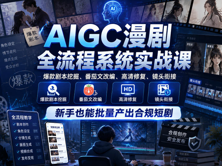 AIGC漫剧全流程系统实战课,爆款剧本挖掘、番茄文改编、高清修复、镜头衔接,新手也能批量产出合规短剧-K6源码网