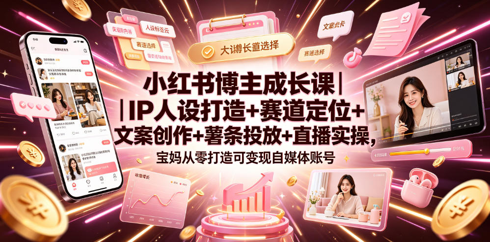 小红书博主成长课｜IP人设打造+赛道定位+文案创作+薯条投放+直播实操，宝妈从零打造可变现自媒体账号-K6源码网