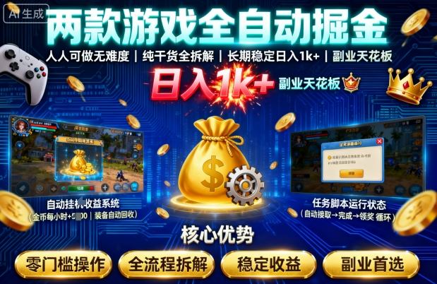 两款游戏全自动掘金,人人可做无难度,纯干货全拆解,长期稳定,日入1k+,副业天花板【揭秘】-K6源码网