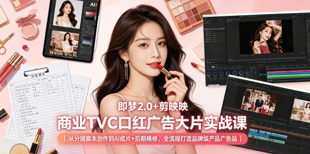 即梦2.0+剪映商业TVC口红广告大片实战课｜从分镜脚本创作到AI成片+后期精修，全流程打造品牌级产品广告-K6源码网