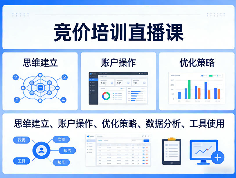 竞价培训直播课，覆盖思维建立、账户操作、优化策略、数据分析、工具使用等，全方位提升效果-K6源码网