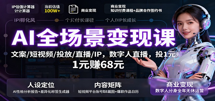 AI全场景变现课:文案/短视频/投放/直播/IP,数字人直播,投1元赚68元-K6源码网