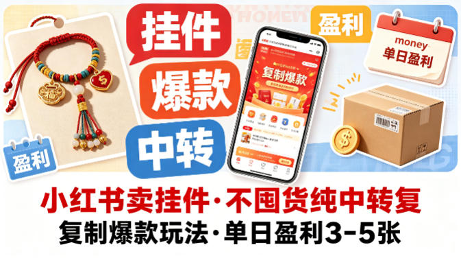 小红书卖挂件，不囤货纯中转复制爆款玩法，单日盈利3-5张-K6源码网