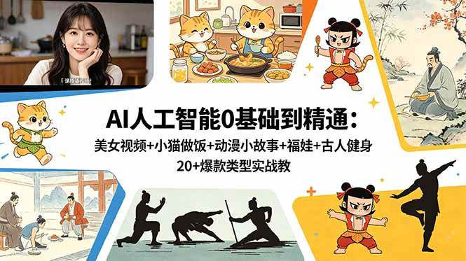(18685期)AI人工智能0基础到精通:美女视频+小猫做饭+动漫小故事+福娃+古人健身,20+爆款类型实战教学-K6源码网