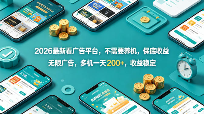2026最新看广告平台，不需要养机，保底收益，无限广告，多机一天200+，收益稳定【揭秘】-K6源码网