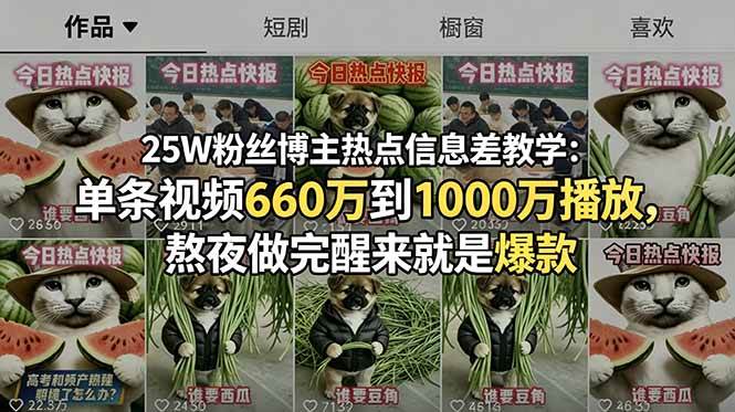 (18803期)25W粉丝博主热点信息差教学:单条视频660万到1000万播放,熬夜做完醒来就是爆款-K6源码网